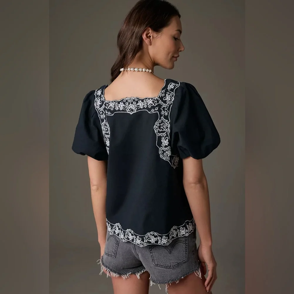Anthropologie Embroidered Linen Tunic Top Black White Boho Cottagecore Summer L